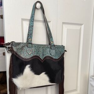 Myra Bag Turquoise and Black Tote with White Accent